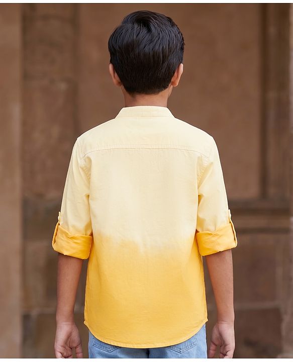 Pine Kids Cotton Woven Full Sleeves Solid Mandarin Collar Shirt with Ombre Effects-  Yellow