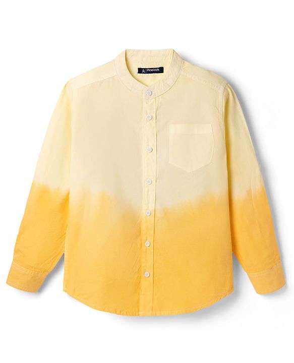 Pine Kids Cotton Woven Full Sleeves Solid Mandarin Collar Shirt with Ombre Effects-  Yellow