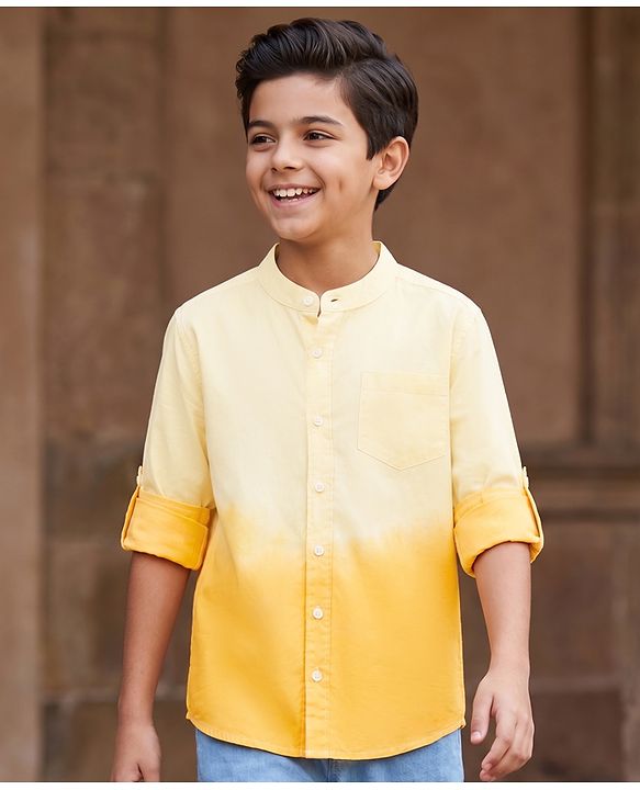 Pine Kids Cotton Woven Full Sleeves Solid Mandarin Collar Shirt with Ombre Effects-  Yellow