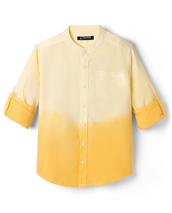 Pine Kids Cotton Woven Full Sleeves Solid Mandarin Collar Shirt with Ombre Effects-  Yellow
