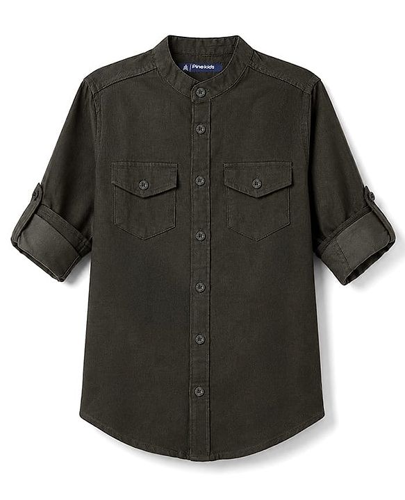 Pine Kids Cotton Woven Full Sleeves Solid Mandarin Collar Shirt - Dark Green