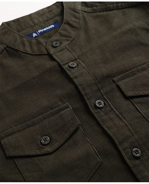 Pine Kids Cotton Woven Full Sleeves Solid Mandarin Collar Shirt - Dark Green