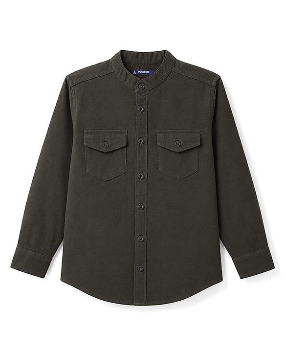 Pine Kids Cotton Woven Full Sleeves Solid Mandarin Collar Shirt - Dark Green