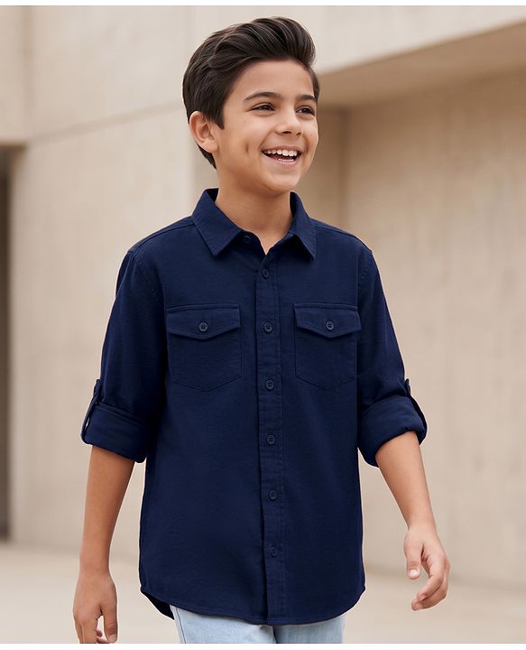 Pine Kids Cotton Woven Solid Full Sleeves Collared Shirt Navy Blue 4-5 Years