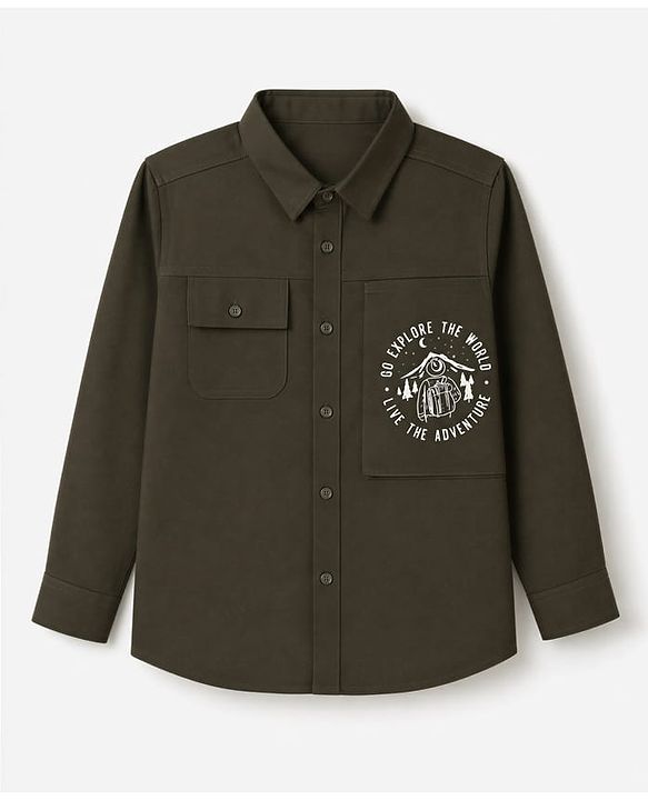 Pine Kids Cotton Woven Solid Shirt with Full Sleeves and Adventure Print - Olive Green