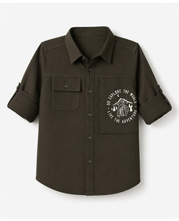 Pine Kids Cotton Woven Solid Shirt with Full Sleeves and Adventure Print - Olive Green