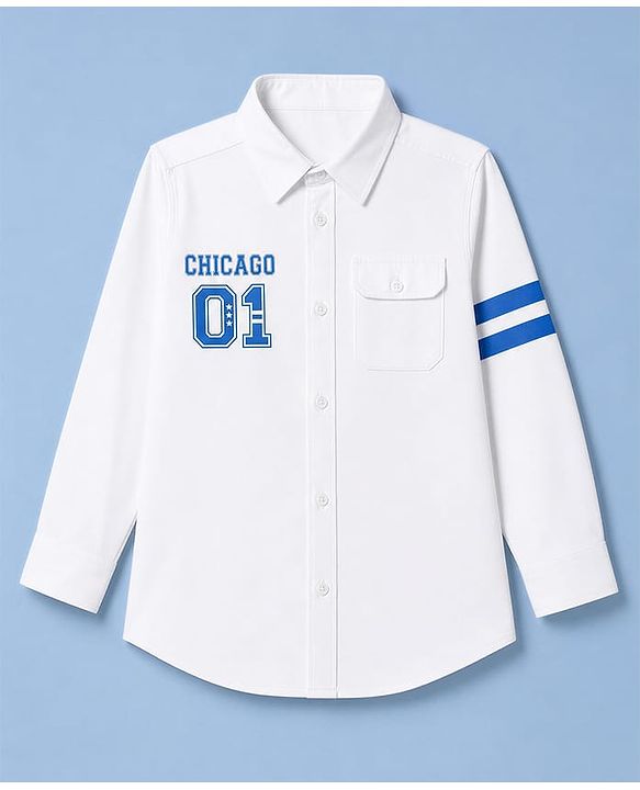 Pine Kids Cotton Woven Shirt with Full Sleeves and Chicago 01 Text Print - White