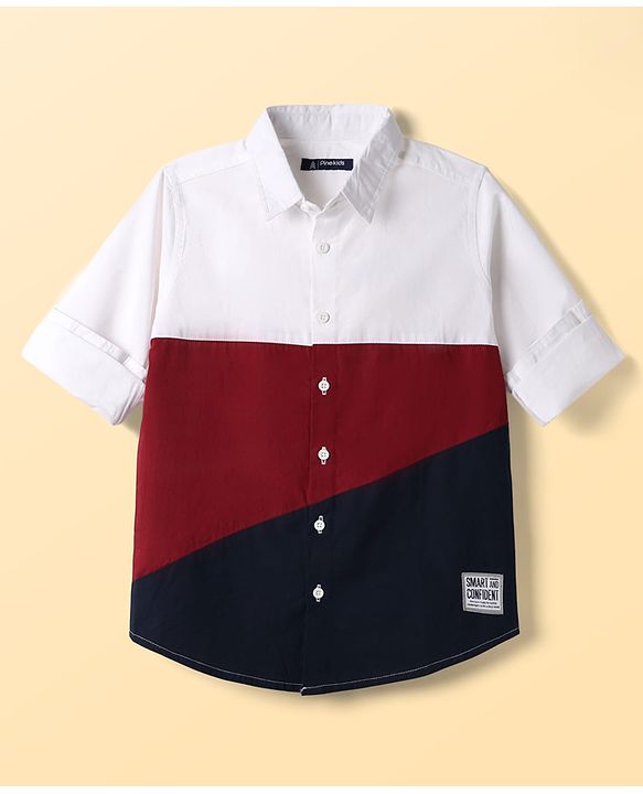 Pine Kids Cotton Woven Full Sleeves Colour Block Solid Colour Shirt - White Maroon & Navy
