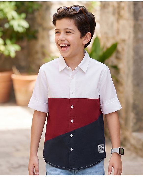Pine Kids Cotton Woven Full Sleeves Colour Block Solid Colour Shirt - White Maroon & Navy