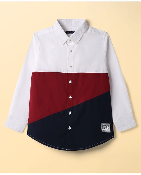 Pine Kids Cotton Woven Full Sleeves Colour Block Solid Colour Shirt - White Maroon & Navy