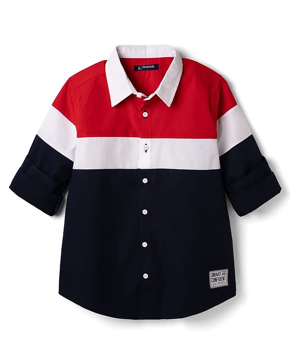 Pine Kids Cotton Woven Solid Shirts Roll Up Sleeves Navy Blue 4-5 Years