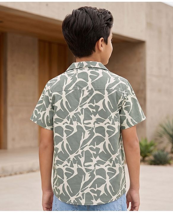 Pine Kids Cotton Woven Printed Shirts Half Sleeves Resort Collar Olive Green 4-5 Years