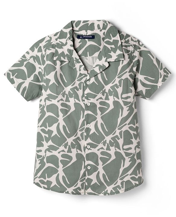 Pine Kids Cotton Woven Printed Shirts Half Sleeves Resort Collar Olive Green 4-5 Years