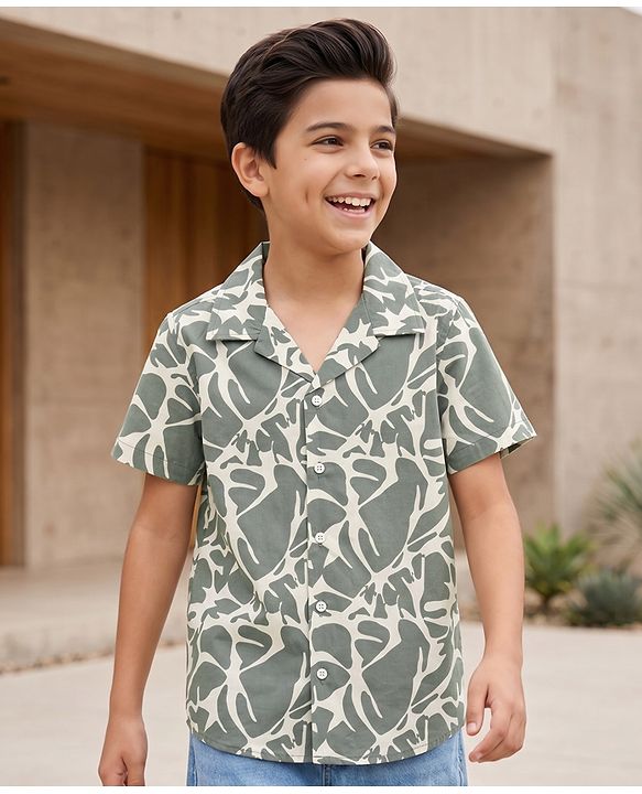 Pine Kids Cotton Woven Printed Shirts Half Sleeves Resort Collar Olive Green 4-5 Years