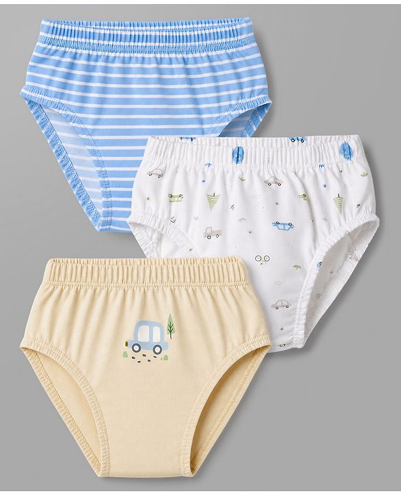 Babyhug 100% Cotton Knit Vehicles Printed & Striped Briefs Pack Of 3 - Light Blue Cream & White