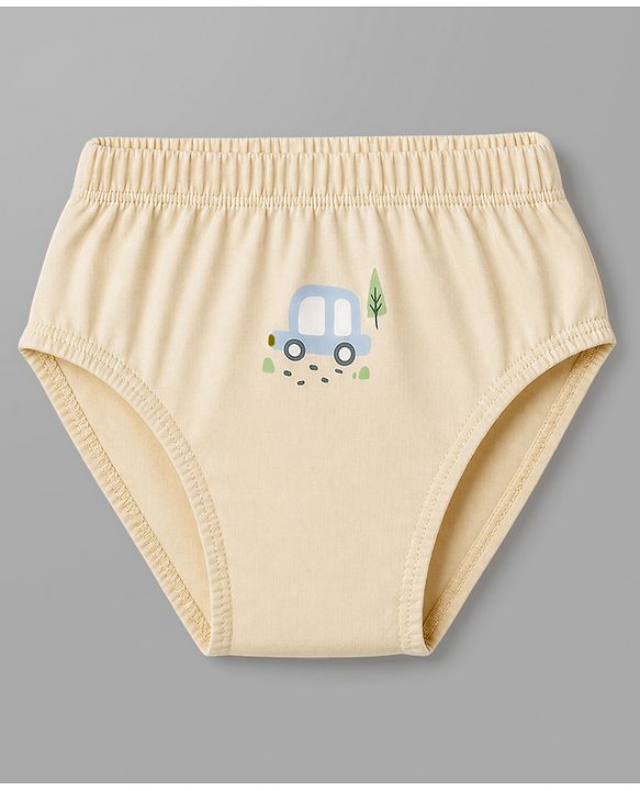 Babyhug 100% Cotton Knit Vehicles Printed & Striped Briefs Pack Of 3 - Light Blue Cream & White