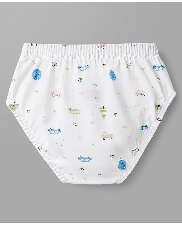 Babyhug 100% Cotton Knit Vehicles Printed & Striped Briefs Pack Of 3 - Light Blue Cream & White