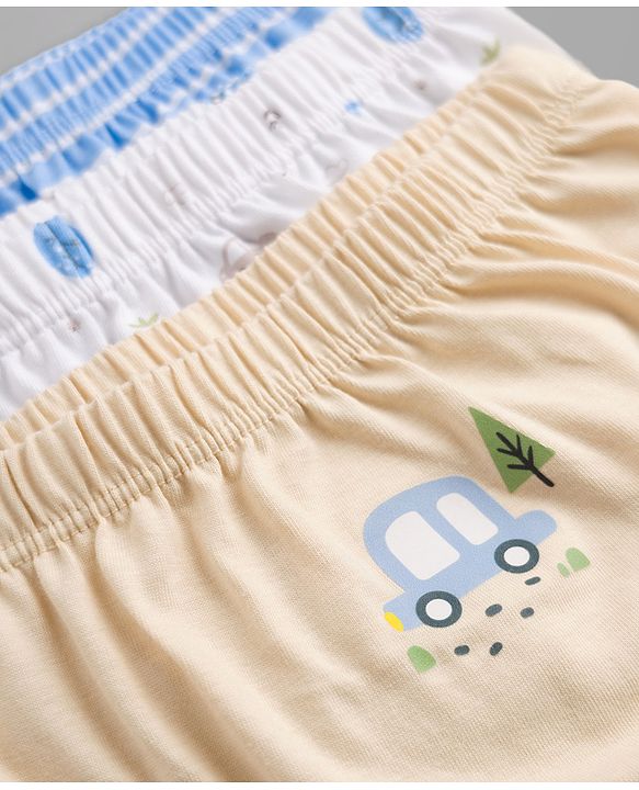 Babyhug 100% Cotton Knit Vehicles Printed & Striped Briefs Pack Of 3 - Light Blue Cream & White