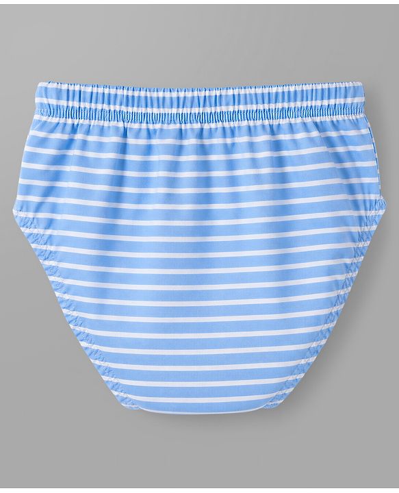 Babyhug 100% Cotton Knit Vehicles Printed & Striped Briefs Pack Of 3 - Light Blue Cream & White