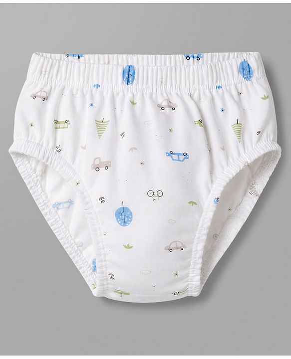 Babyhug 100% Cotton Knit Vehicles Printed & Striped Briefs Pack Of 3 - Light Blue Cream & White
