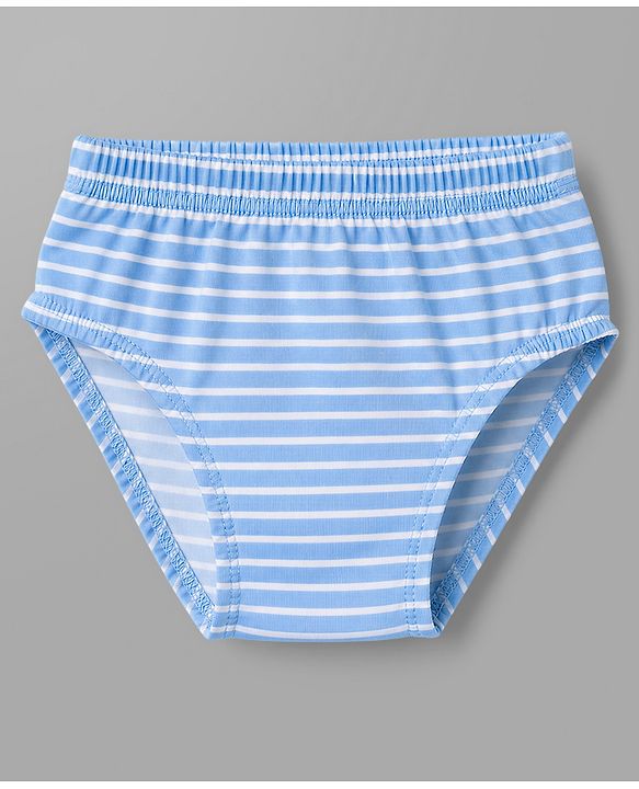 Babyhug 100% Cotton Knit Vehicles Printed & Striped Briefs Pack Of 3 - Light Blue Cream & White