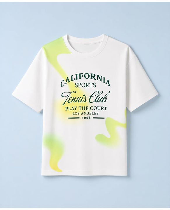 Pine Active Knit Drop Shoulder Half Sleeves T-Shirt with Tennis Club Print - White
