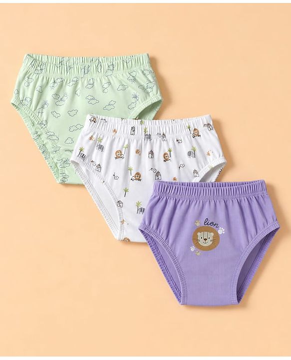 Babyhug 100% Cotton Knit Briefs With Animal Print Pack of 3 - Light Green, Lavender & White