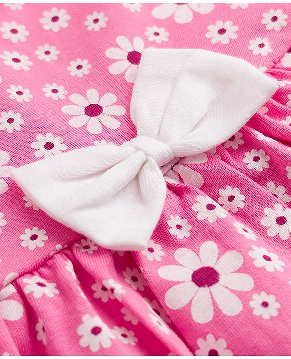 Babyhug Single Jersey Knit Sleeveless Floral Printed Frock With Bloomer & Bow Applique - Multicolor