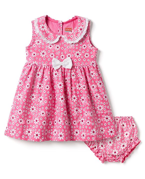 Babyhug Single Jersey Knit Sleeveless Floral Printed Frock With Bloomer & Bow Applique - Multicolor