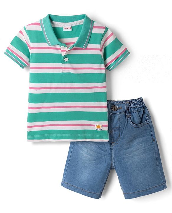 Babyhug Single Jersey Knit Half Sleeves Striped T-Shirt & Shorts - Blue