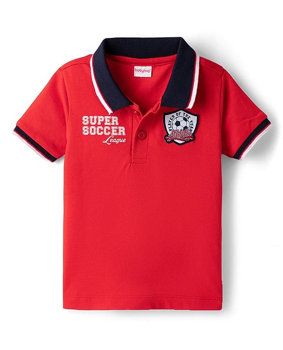 Babyhug Single Jersey Knit Half Sleeves Polo T-Shirt & Denim Shorts Set with Text Print & Badge - Red