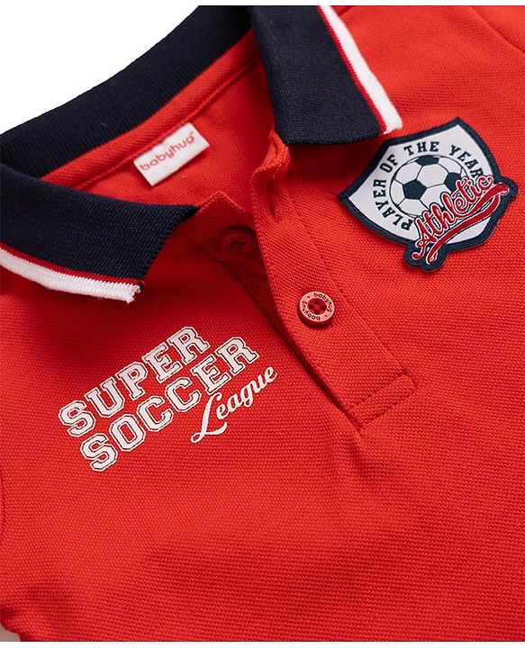 Babyhug Single Jersey Knit Half Sleeves Polo T-Shirt & Denim Shorts Set with Text Print & Badge - Red