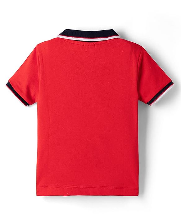 Babyhug Single Jersey Knit Half Sleeves Polo T-Shirt & Denim Shorts Set with Text Print & Badge - Red
