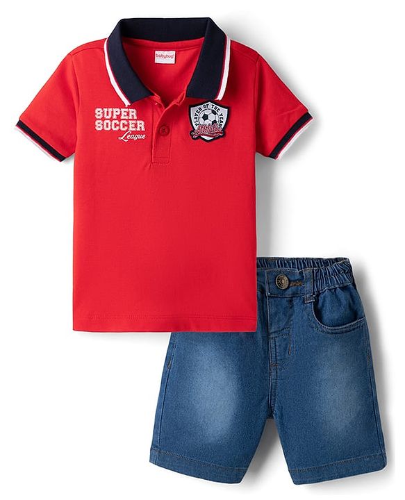 Babyhug Single Jersey Knit Half Sleeves Polo T-Shirt & Denim Shorts Set with Text Print & Badge - Red
