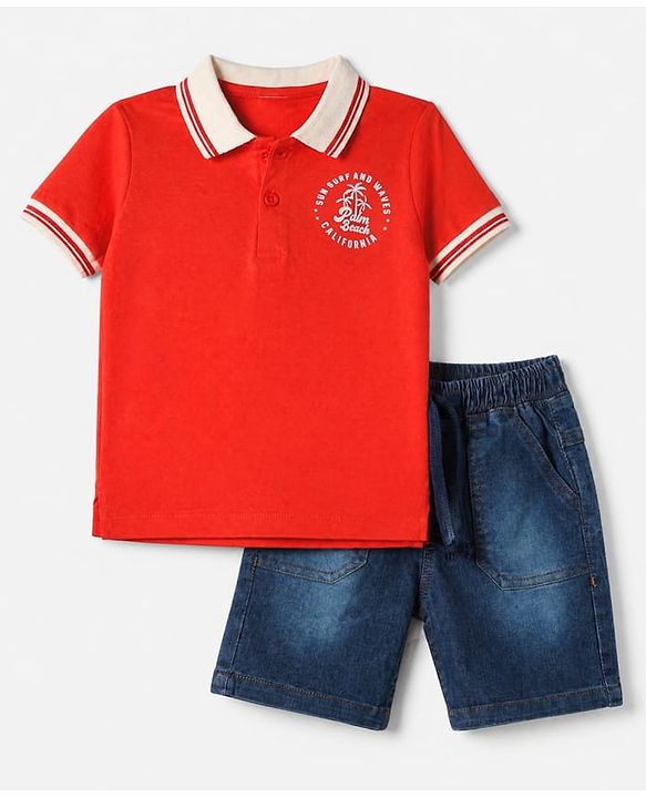 Babyhug Single Jersey Knit Half Sleeves T-Shirt and Denim Shorts Set With Text Print - Red & Blue