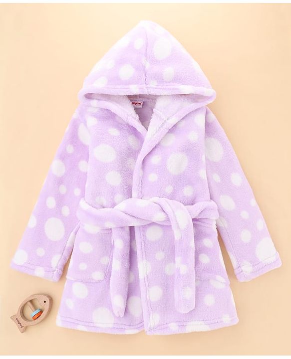 Babyhug Velour Knit Full Sleeves Hooded Bath Robe with Polka Dot Print - Lavender