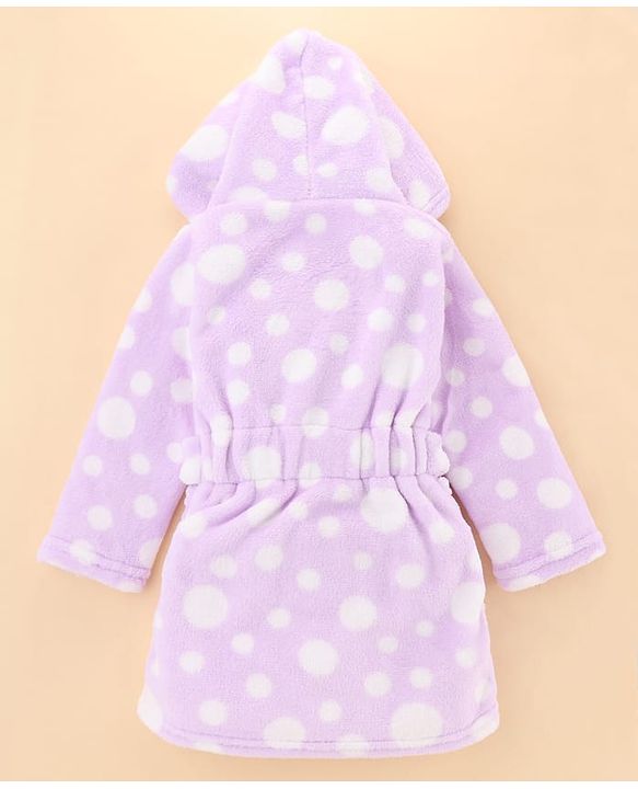Babyhug Velour Knit Full Sleeves Hooded Bath Robe with Polka Dot Print - Lavender