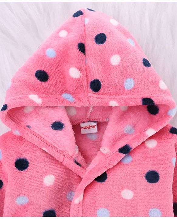 Babyhug Velour Knit Full Sleeves Hooded Bath Robe With Polka Dots Print - Pink