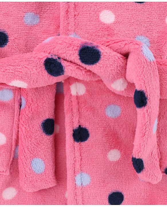 Babyhug Velour Knit Full Sleeves Hooded Bath Robe With Polka Dots Print - Pink