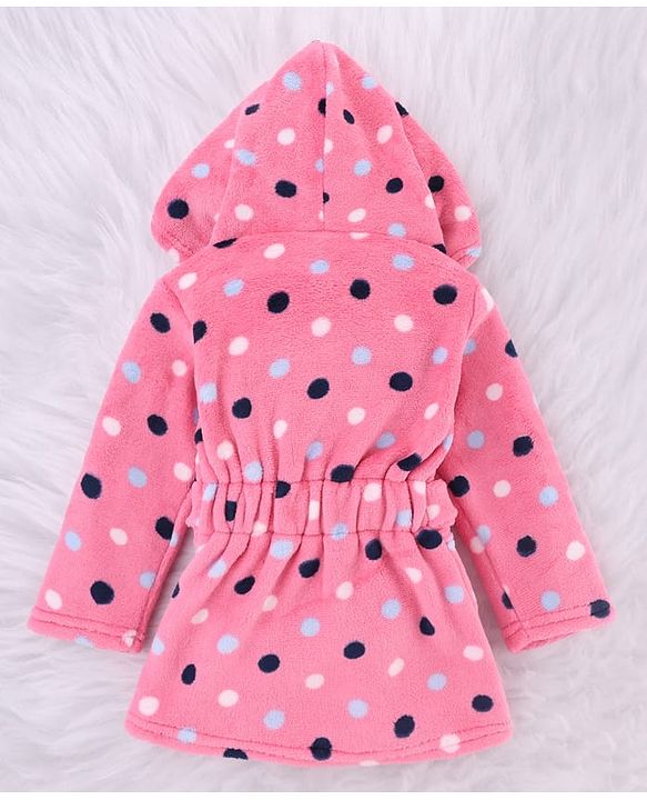 Babyhug Velour Knit Full Sleeves Hooded Bath Robe With Polka Dots Print - Pink