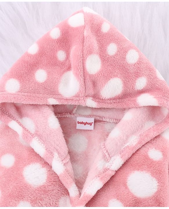 Babyhug Velour Knit Full Sleeves Hooded Bath Robe with Polka Dot Print - Pink
