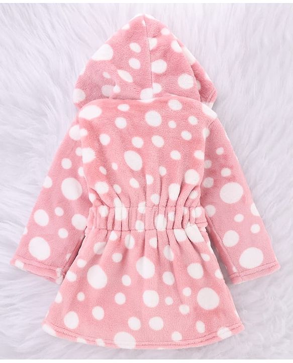 Babyhug Velour Knit Full Sleeves Hooded Bath Robe with Polka Dot Print - Pink