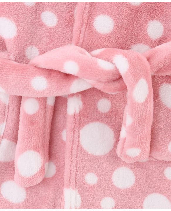 Babyhug Velour Knit Full Sleeves Hooded Bath Robe with Polka Dot Print - Pink