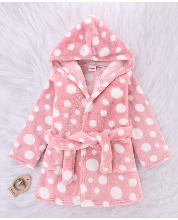 Babyhug Velour Knit Full Sleeves Hooded Bath Robe with Polka Dot Print - Pink
