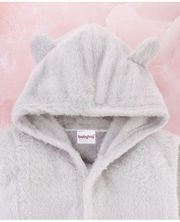 Babyhug Velour Knit Full Sleeves Hooded Bath Robe - Grey