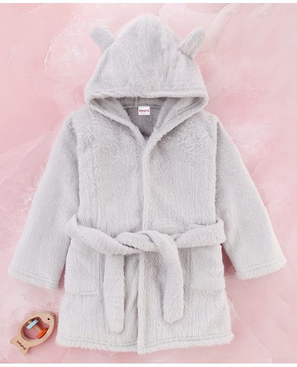 Babyhug Velour Knit Full Sleeves Hooded Bath Robe - Grey
