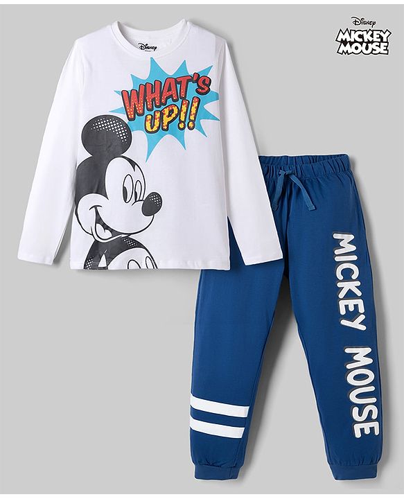 Pine Kids Disney Single Jersey Knit Full Sleeves T-Shirt & Pyjama Night Suit with Mickey Mouse Graphic - White