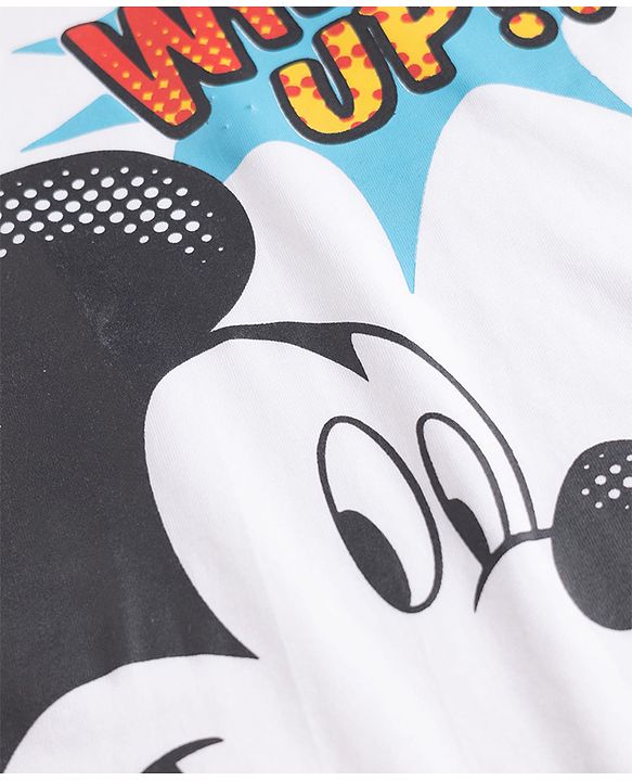 Pine Kids Disney Single Jersey Knit Full Sleeves T-Shirt & Pyjama Night Suit with Mickey Mouse Graphic - White