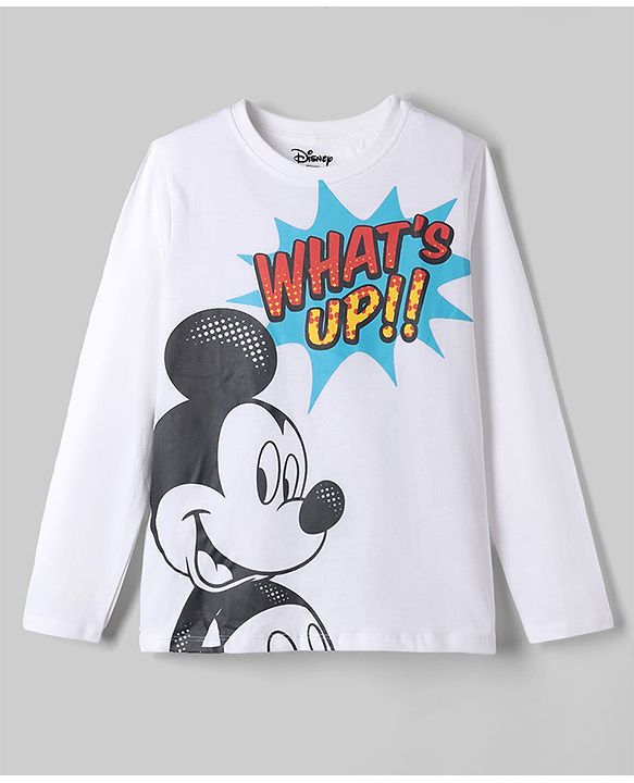 Pine Kids Disney Single Jersey Knit Full Sleeves T-Shirt & Pyjama Night Suit with Mickey Mouse Graphic - White