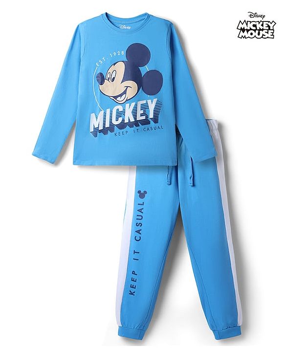 Pine Kids Disney Single Jersey Knit Full Sleeves  Mickey Mouse Printed T-Shirt & Pajama Night Suit -Blue